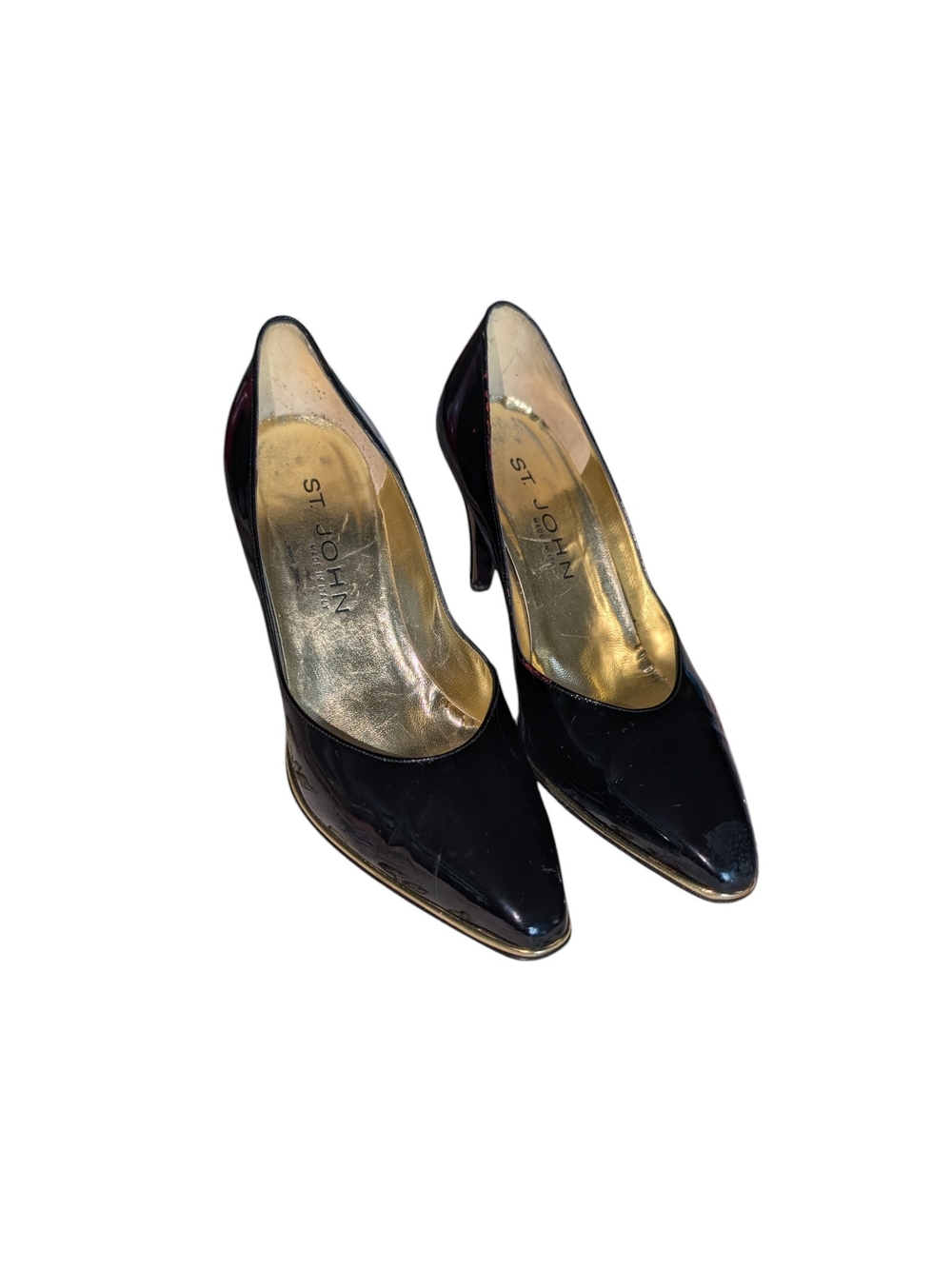 St. John Black Patent Leather Pointed Pumps with Gold Interior